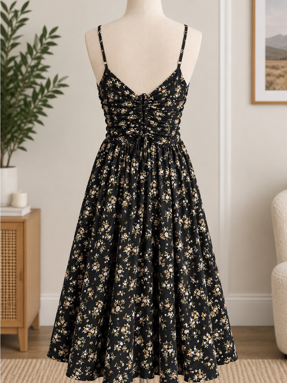 RSC Black Floral Ruched Midi Dress Small